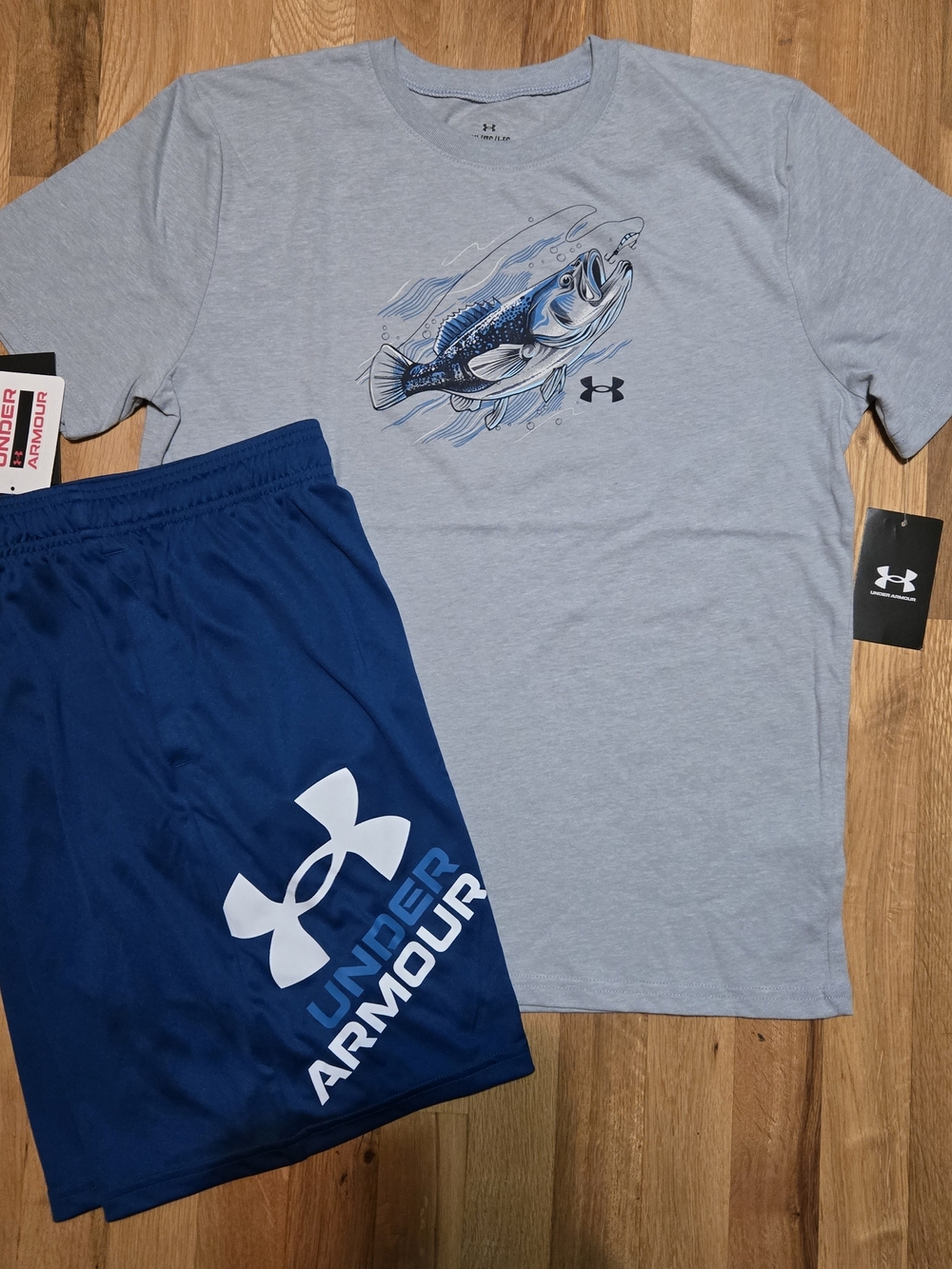NEW Under Armour Boys Bass Fish Shirt Logo Short Set Youth XLarge